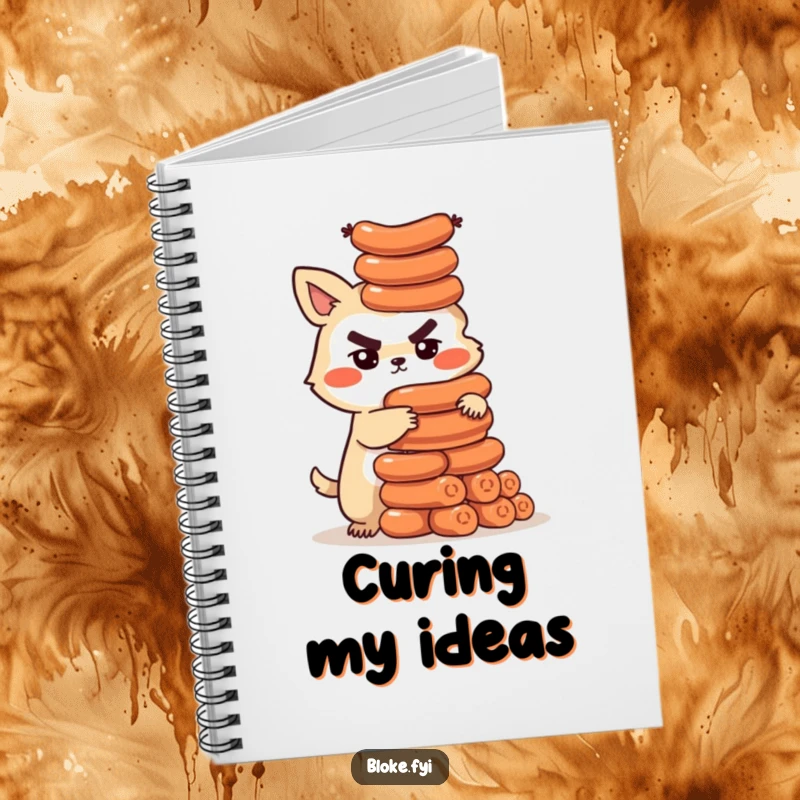Funny notebook featuring a determined bloke animal character building a tower of sausages, ideal for jotting down food ideas.