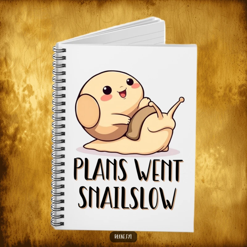 Funny notebook featuring a bloke animal character comically tripping over a large, friendly snail, ideal for jotting down humorous notes.