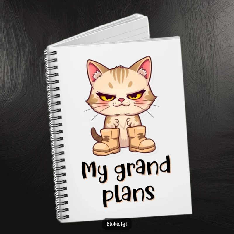Funny cat with a goofy expression wearing giant boots, on the cover of a lined notebook.