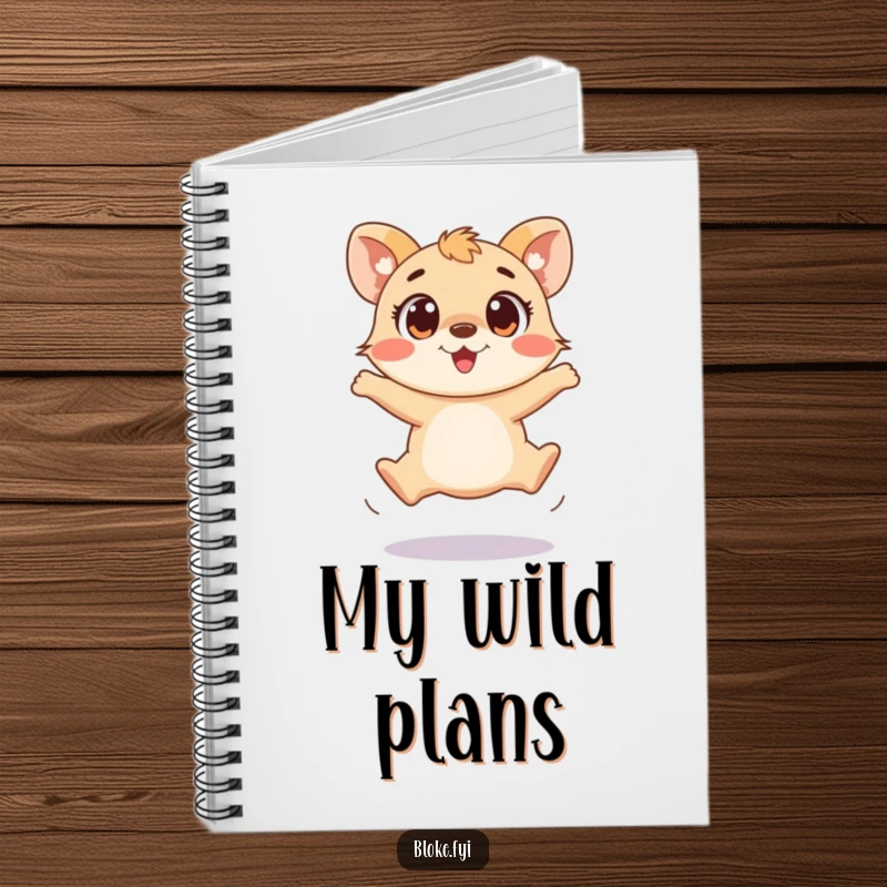 Funny notebook cover showing a playful animal with wide, excited eyes attempting a clumsy jump, inspiring active thought.