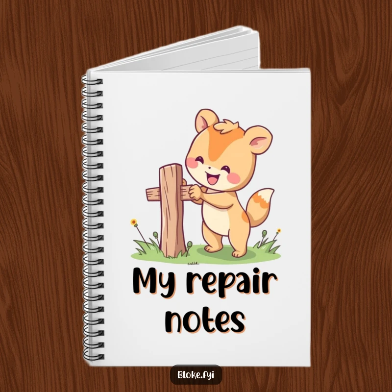 Funny notebook with a happy animal character focused on fixing a wobbly fence post, ideal for jotting down DIY ideas.