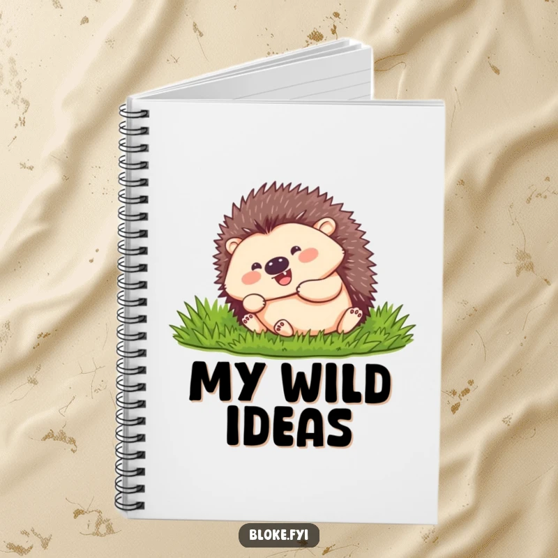 Funny hedgehog with a happy expression, rolling downhill, on the cover of a lined notebook.