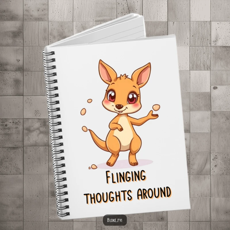 Funny kangaroo notebook featuring a wide-eyed kangaroo juggling pebbles, perfect for jotting down funny thoughts and plans.