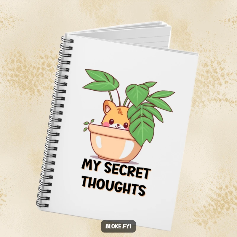 Funny notebook with a curious animal character peeking out from behind a large potted plant, ideal for jotting down observant notes.