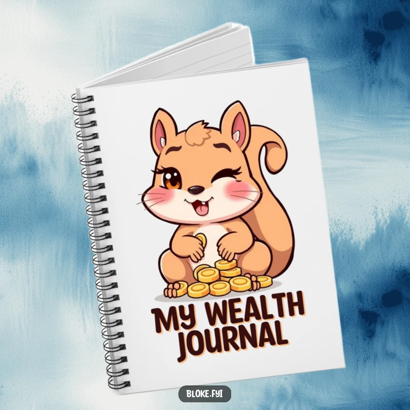 Funny squirrel winking slyly while counting shiny coins, on the cover of a lined notebook.