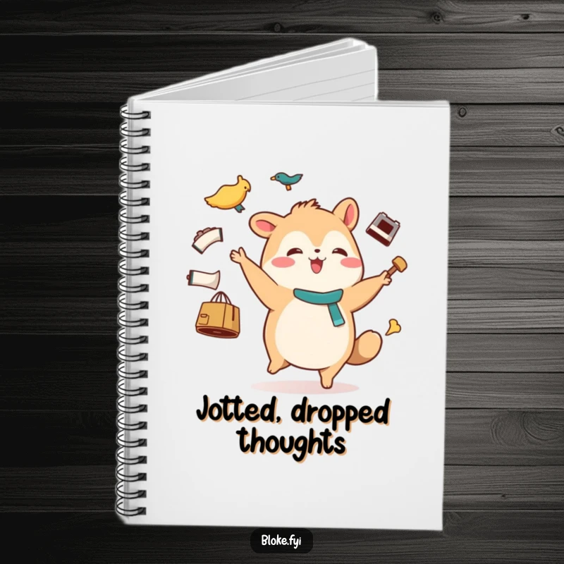 Funny notebook with a stout animal character joyfully waddling and juggling mismatched items, perfect for jotting down ideas.