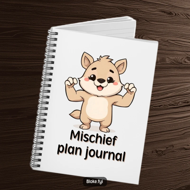 Funny notebook with a cute, stout animal character grinning mischievously and flexing its tiny muscles, perfect for writing.
