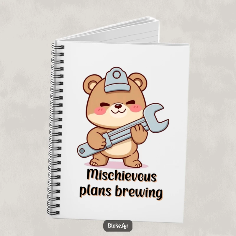 Funny notebook with a mischievous bear character offering a giant wrench, perfect for workshop notes and project planning.