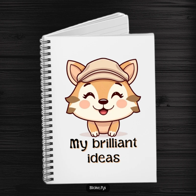 Funny notebook with a cute animal character wearing a flat cap and a cheeky grin, designed for jotting down humorous notes.