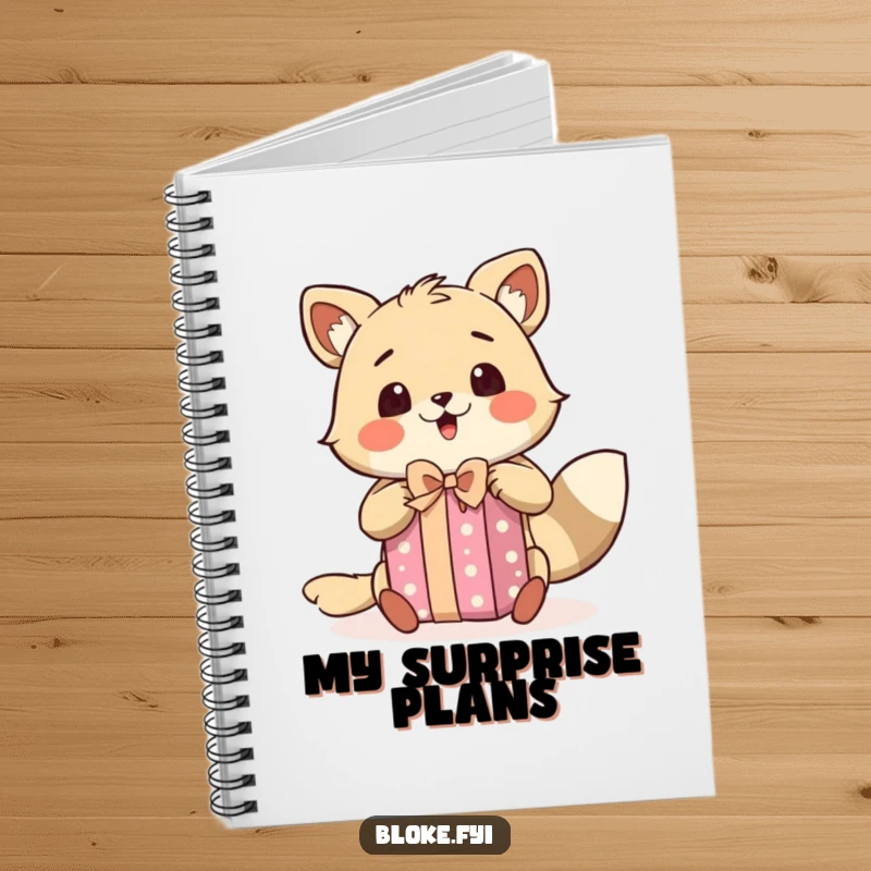 Funny notebook with a bloke animal character showing a surprised expression while excitedly unwrapping a gift, ideal for note-taking with joy.