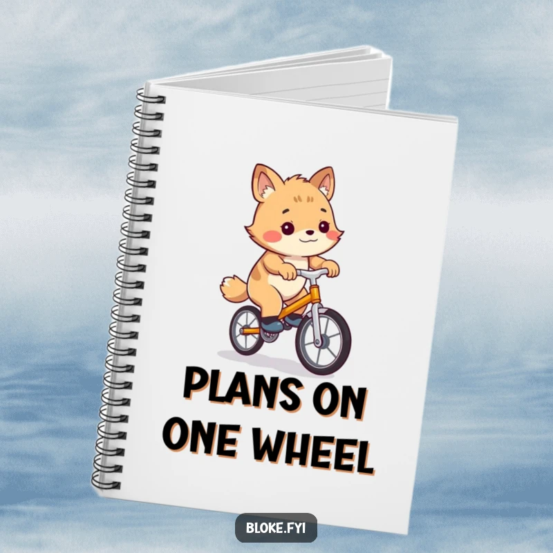 Funny notebook featuring a clumsy bloke animal character on a wobbly unicycle, ideal for capturing funny notes and ideas.