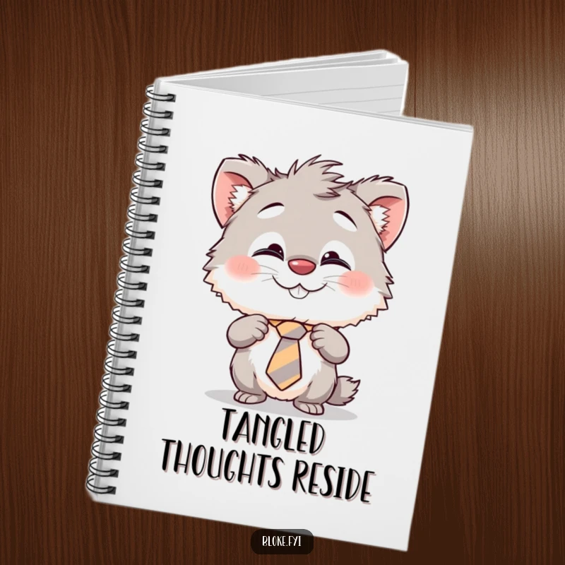 Funny notebook with a cheeky furry creature humorously adjusting its crooked tie, perfect for jotting down thoughts with a smile.