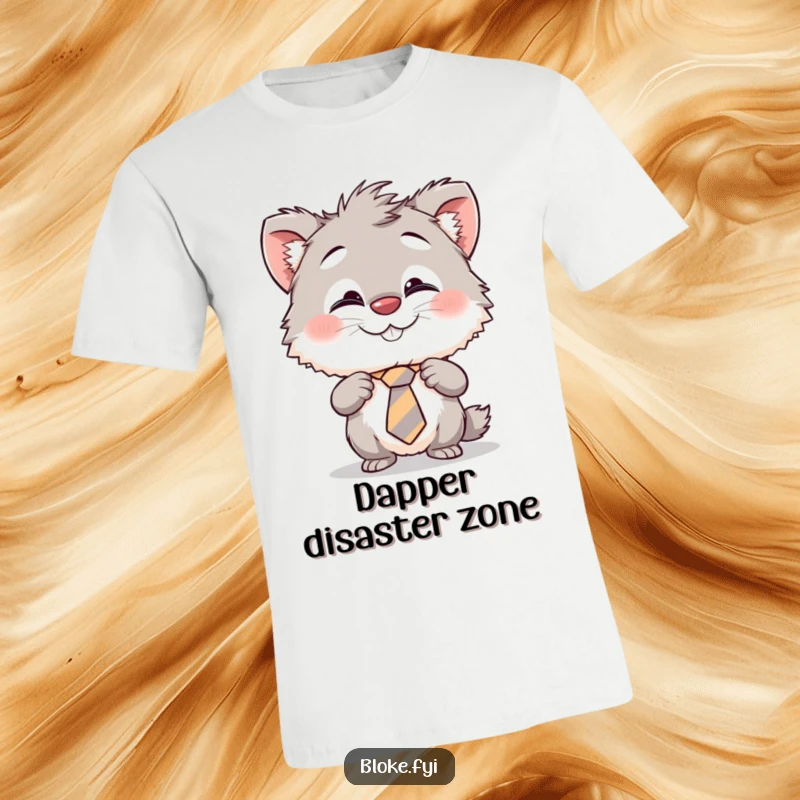 Funny t-shirt with a furry creature grinning cheekily while adjusting a crooked tie, capturing relatable workplace humor and personality.
