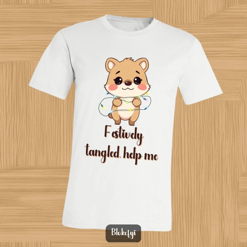 Funny t-shirt with a bewildered bloke animal character hopelessly entangled in a glowing string of fairy lights, perfect for holiday humor.