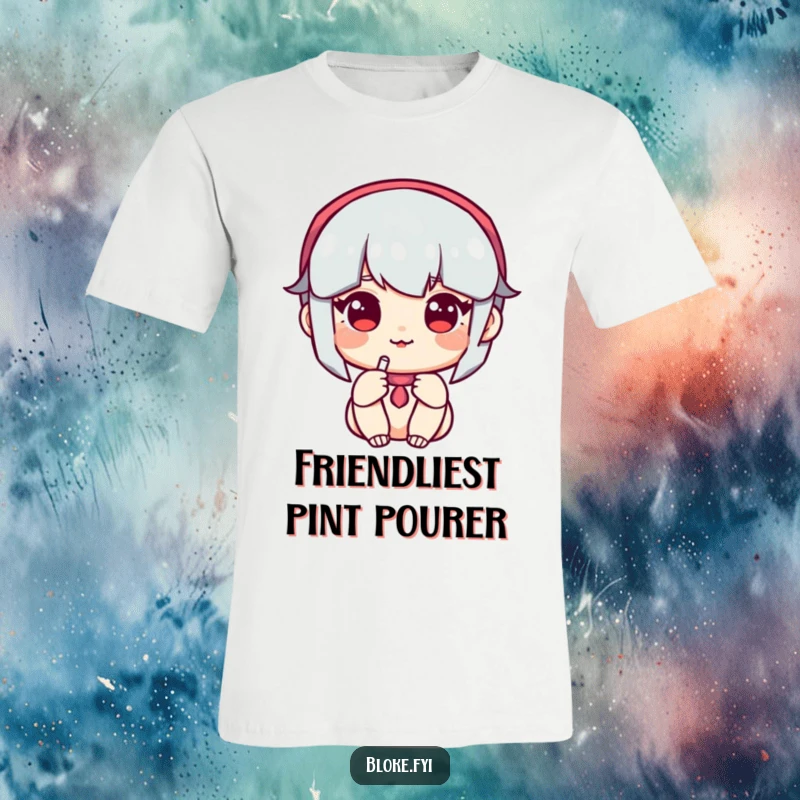 Funny T-Shirt: A cheerful character with an open, amiable face extends a mug of beer, embodying friendly generosity and humor.