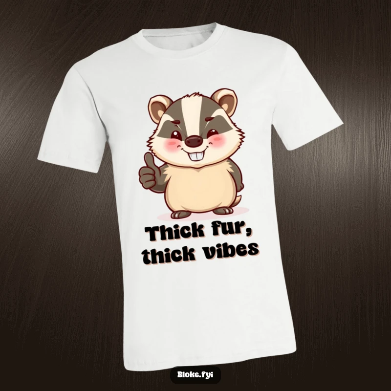 Funny t-shirt showcasing a stout, jovial badger winking and giving a thumbs-up, perfect for spreading cheer.