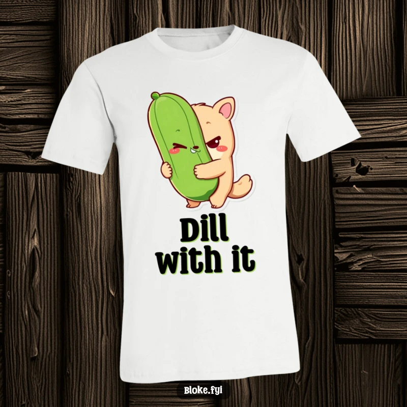 Funny bloke animal character t-shirt featuring a sly wink and holding a giant pickle, ideal for novelty wear and humor lovers.