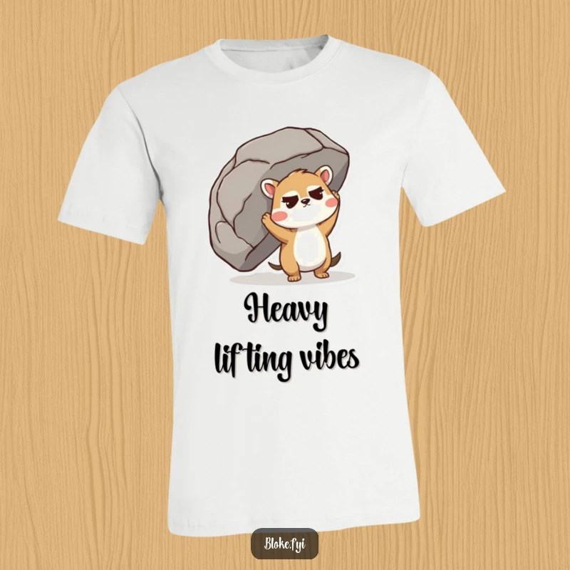 Funny T-Shirt showing a cute animal with a furrowed brow, muscles straining as it attempts to lift a massive boulder.