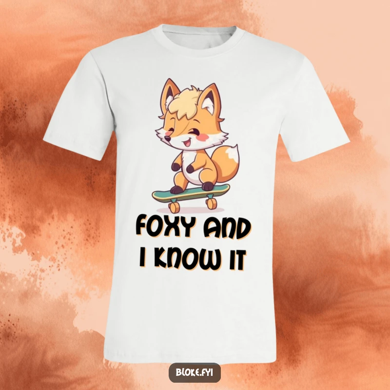 Funny T-Shirt showcasing a smiling fox with messy fur attempting to skateboard, embodying cool, casual vibes.
