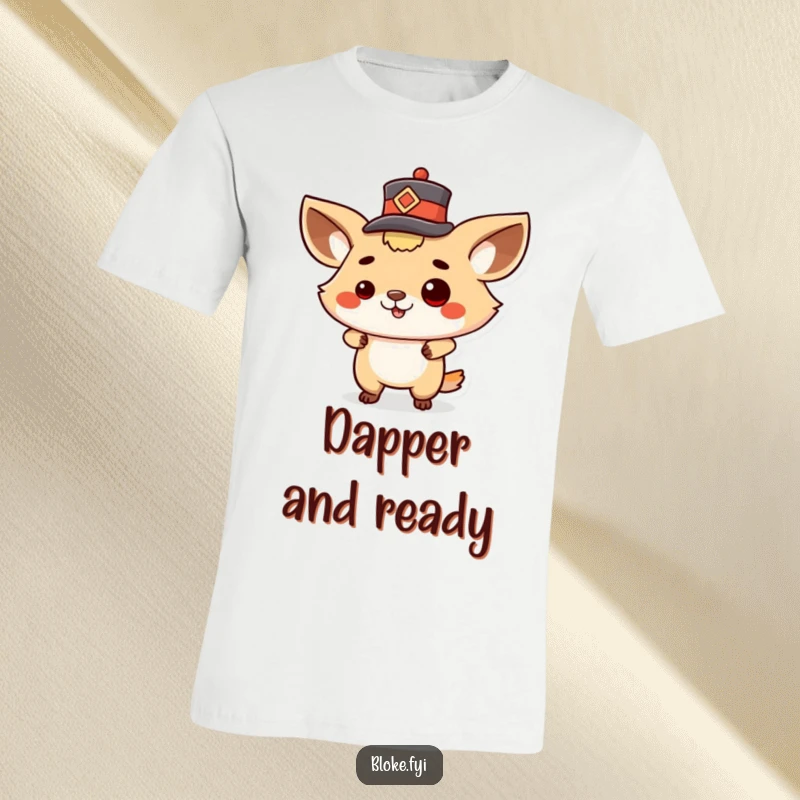 Funny t-shirt depicting a proud animal character in a swaggering pose, tipping a small hat with flair and confidence.