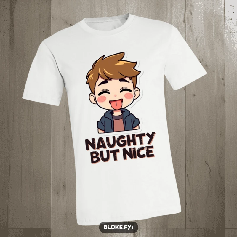 Funny t-shirt featuring a grinning guy character playfully sticking out his tongue, radiating mischievous and humorous energy.