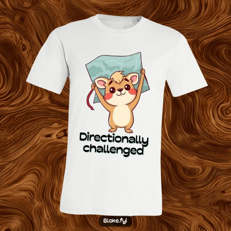 Funny t-shirt featuring a confused bloke animal character holding a map upside down, perfect for travel humor enthusiasts.