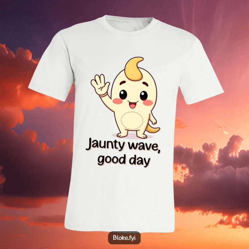 Funny t-shirt with a cartoon fellow character giving a jaunty, friendly wave, perfect for spreading cheer.