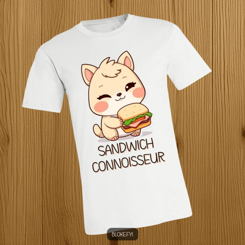 Funny t-shirt featuring a winking bloke animal character presenting a very small, elaborate sandwich, celebrating miniature culinary delights.