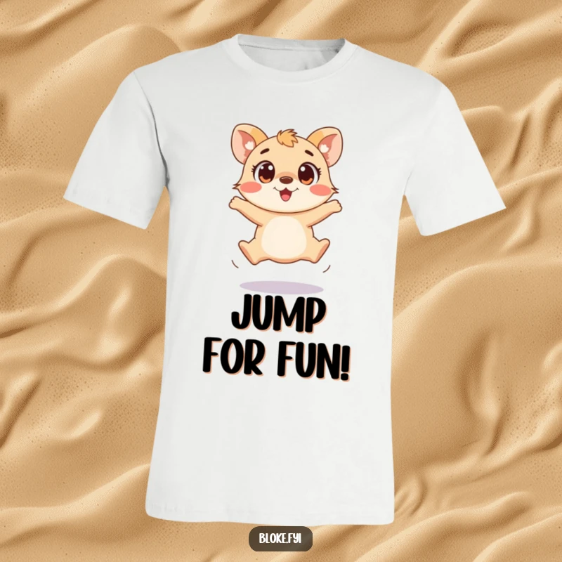 Funny t-shirt depicting a playful animal with very excited, wide eyes attempting a clumsy jump, full of energy and humor.