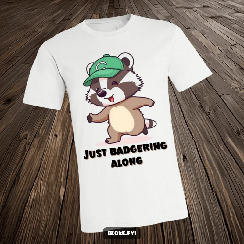 Funny T-Shirt depicting a jolly badger wearing a cap, clumsily attempting a skip, radiating awkward charm.