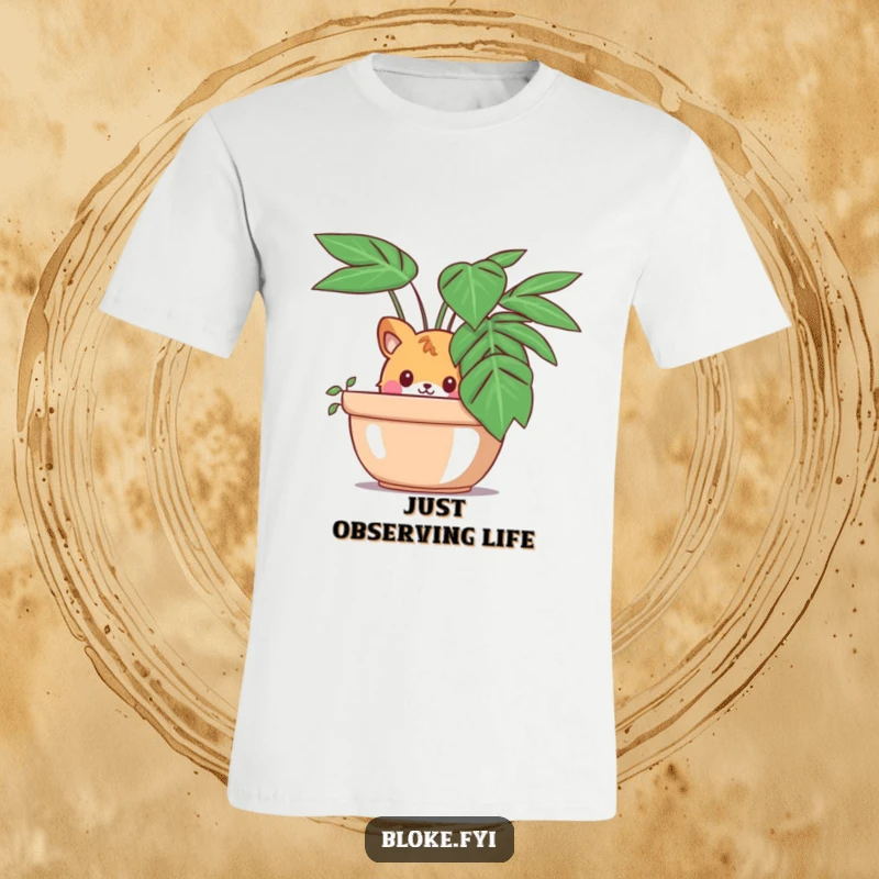 Funny t-shirt showcasing a curious animal character peeking out from behind a large potted plant, hinting at playful observation.