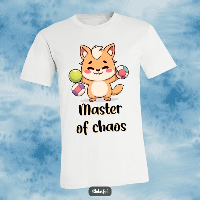 Funny t-shirt depicting a bloke animal character with a mischievous grin, expertly juggling three vibrant balls, indicating skill and fun.