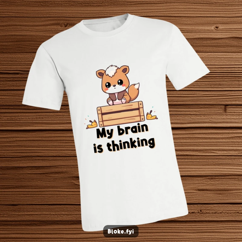 Funny t-shirt featuring a stylized animal perched on a wooden crate, deep in contemplative thought, perfect for funny gift seekers.