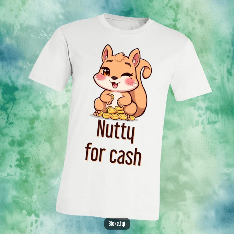 Funny squirrel winking with a mischievous grin as it counts a pile of shiny coins, printed on a t-shirt.