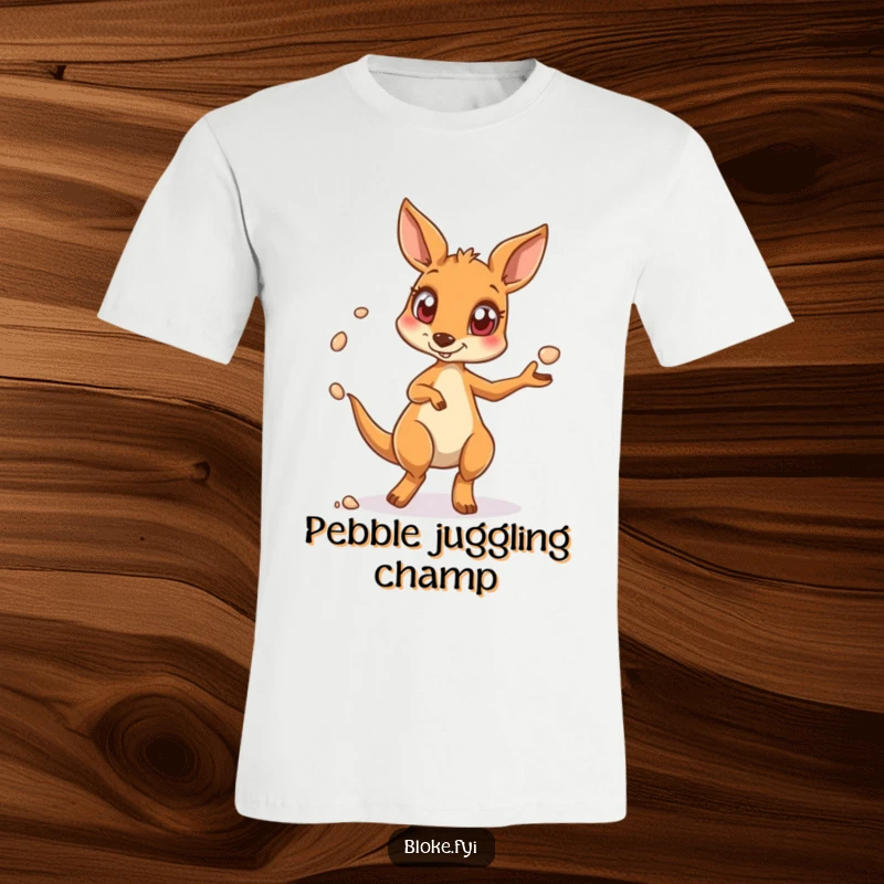 Funny kangaroo t-shirt showcasing a wide-eyed marsupial in the act of juggling pebbles, a humorous and engaging design.
