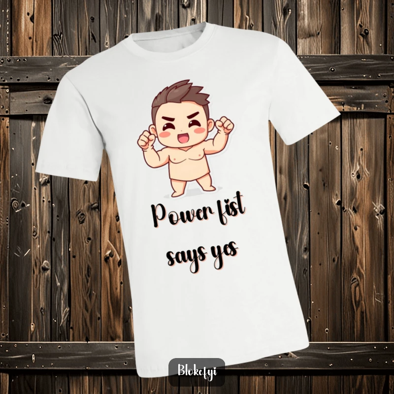 Funny Strong Character T-Shirt featuring a character with strong build, enthusiastically gesturing with a fist, symbolizing power.