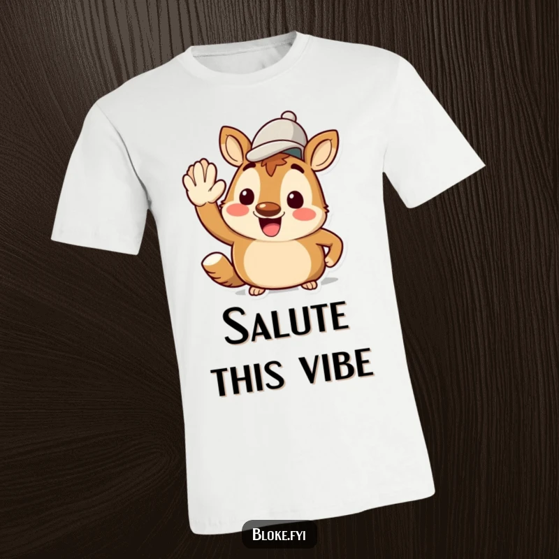Funny Bloke Animal T-Shirt: Cheerful character enthusiastically saluting with a stylish cap, exuding joy and friendly vibes.