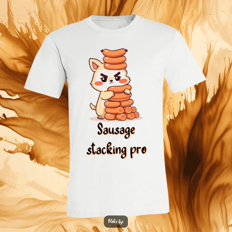Funny t-shirt featuring a determined bloke animal character building an unstable tower of sausages, a hilarious gift for carnivores.