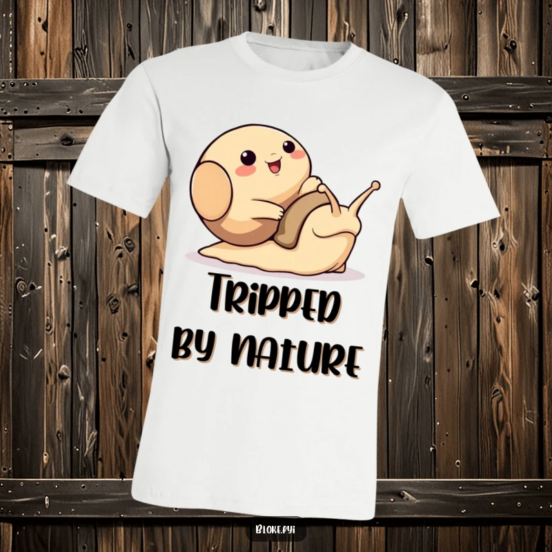 Funny t-shirt featuring a bloke animal character tripping over a large, smiling snail, a comical scene of slow-motion disaster.