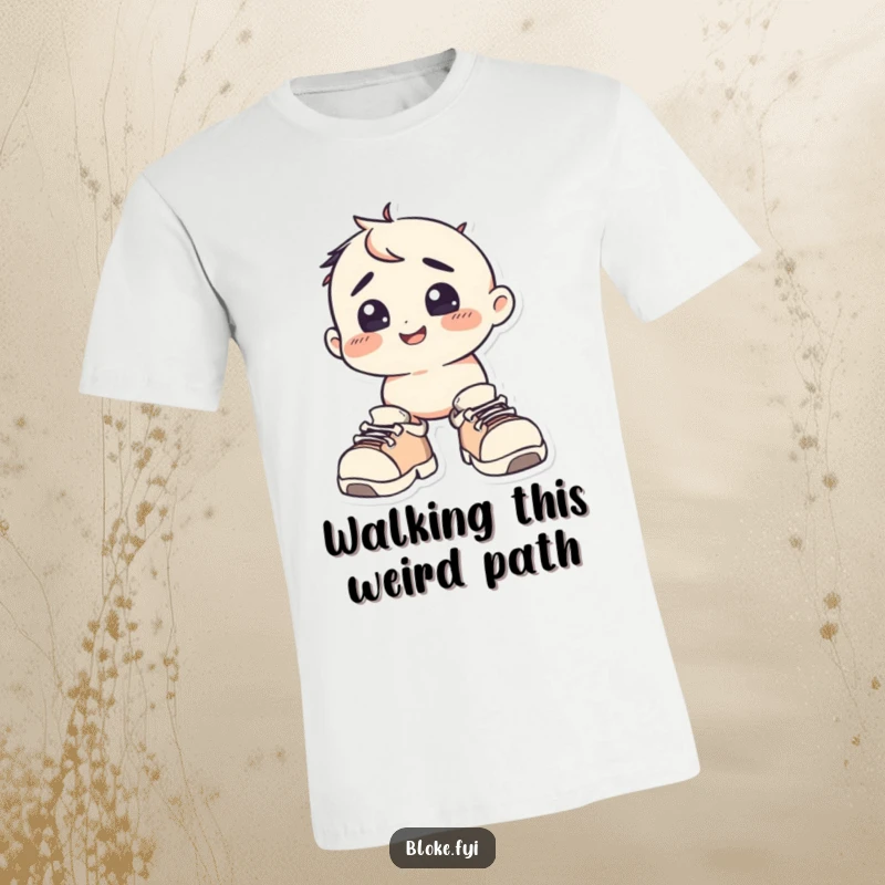 Funny T-Shirt: A squat, happy character with a bewildered expression wears enormous shoes, symbolizing humorous struggles.