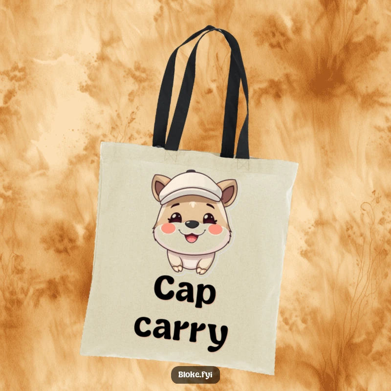 Funny tote bag with a cute animal wearing a flat cap and grinning broadly, perfect for carrying items with cheerful charisma.