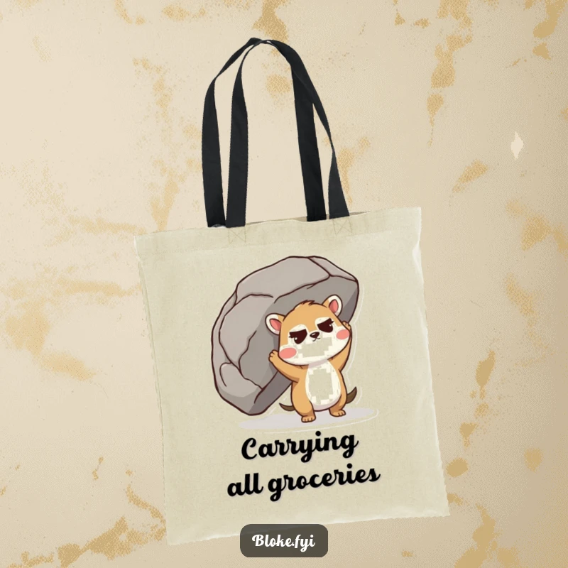 Funny Tote Bag with a cute animal straining to lift a giant boulder, symbolizing effort and strength with humor.