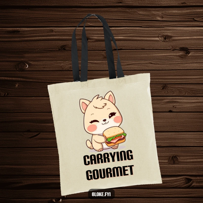 Funny tote bag featuring a winking bloke animal character holding a tiny, elaborate sandwich, perfect for carrying essentials with gourmet humor.