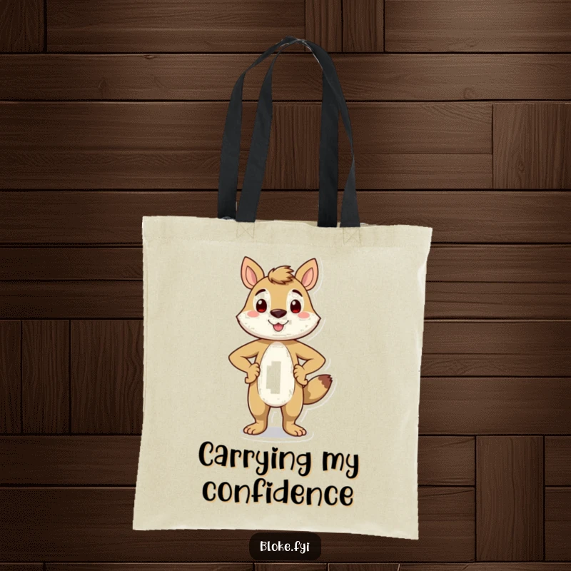 Funny tote bag with a smiling animal character standing proudly, hands firmly on its hips, conveying a strong and positive demeanor.