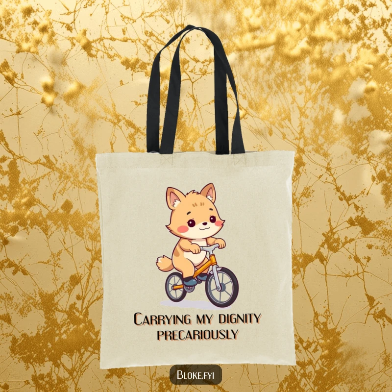 Funny tote bag showcasing a clumsy bloke animal character on a wobbly unicycle, practical for shopping and carrying humor.