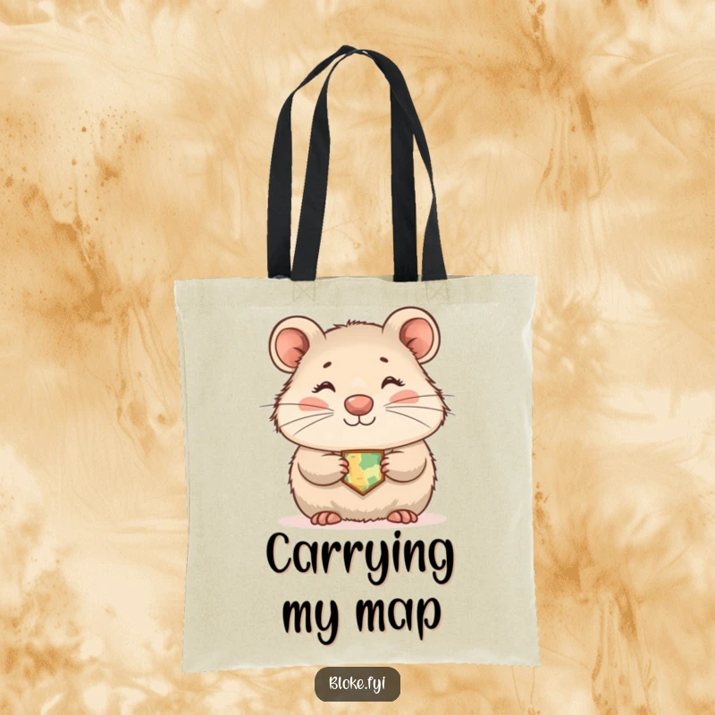 Funny wombat tote bag featuring a shyly smiling marsupial wearing a tiny map, a humorous and practical accessory.