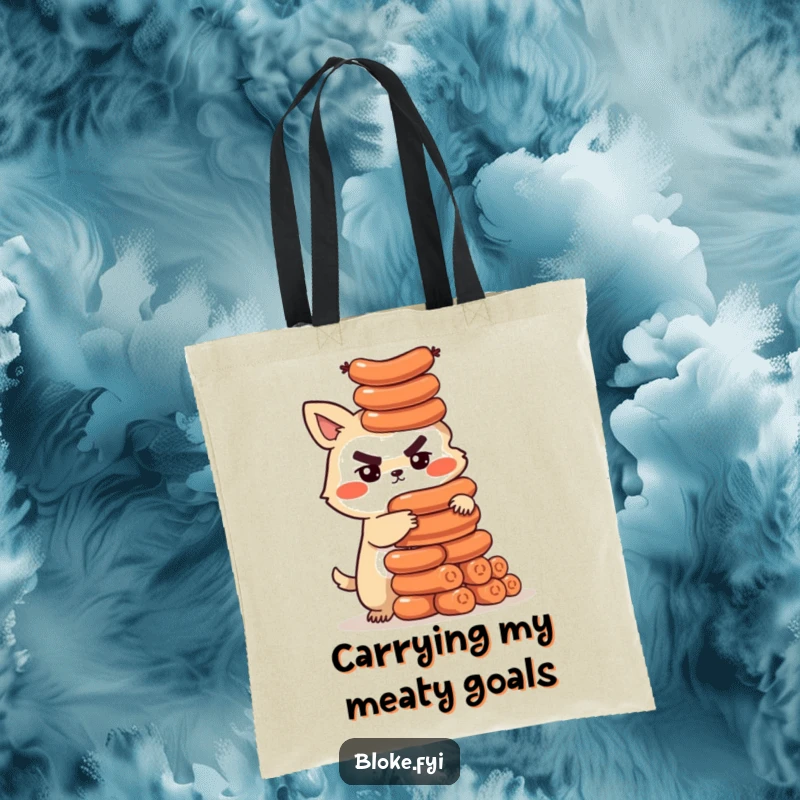 Funny tote bag featuring a determined bloke animal character building a precarious tower of sausages, perfect for carrying groceries humorously.