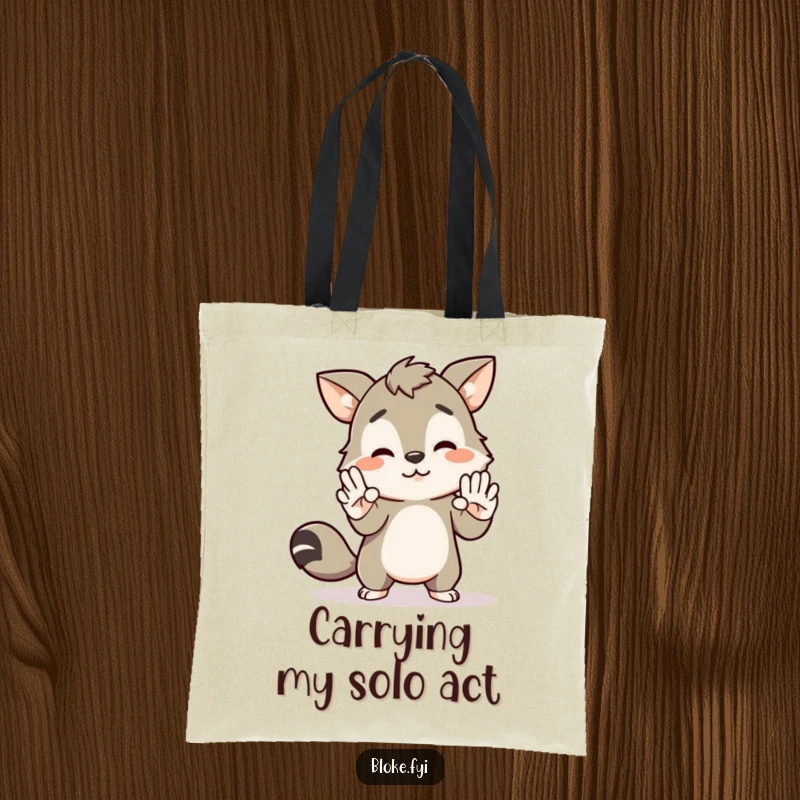 Funny tote bag featuring a bloke animal character awkwardly attempting to high-five thin air, a humorous nod to social miscues.