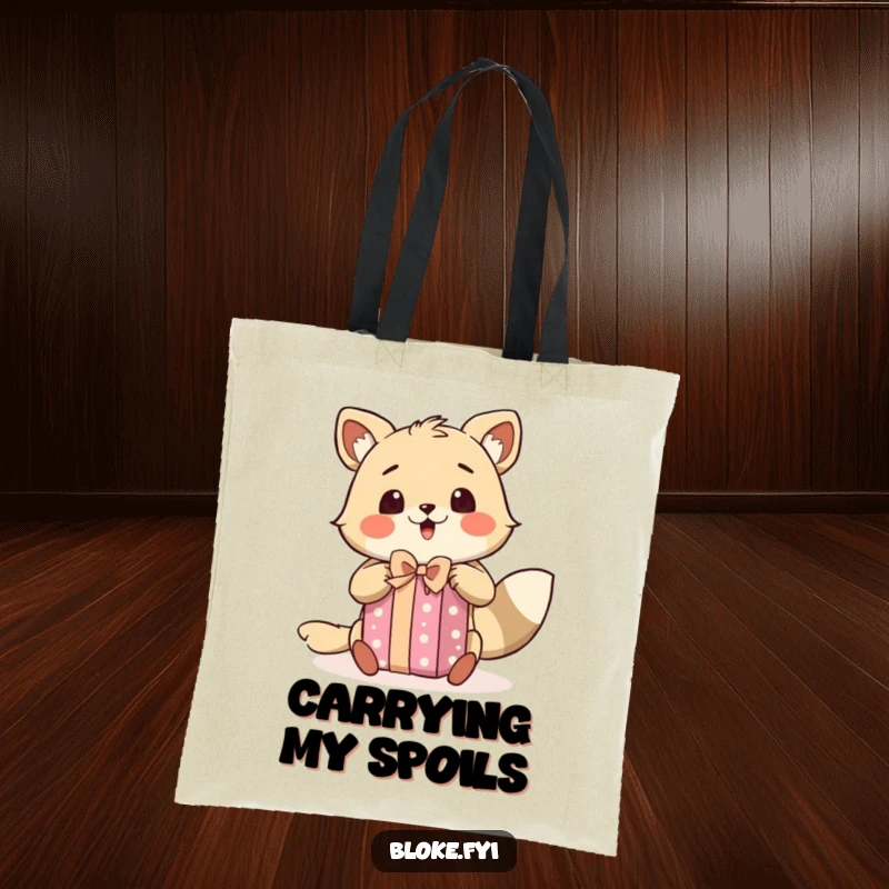 Funny tote bag showcasing a bloke animal character with a surprised expression, excitedly unwrapping a present, perfect for gift enthusiasts.