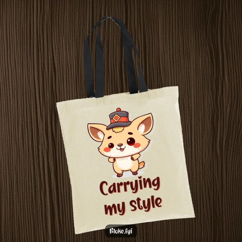 Funny tote bag with a proud animal character tipping a small hat, embodying confidence and sophisticated humor.